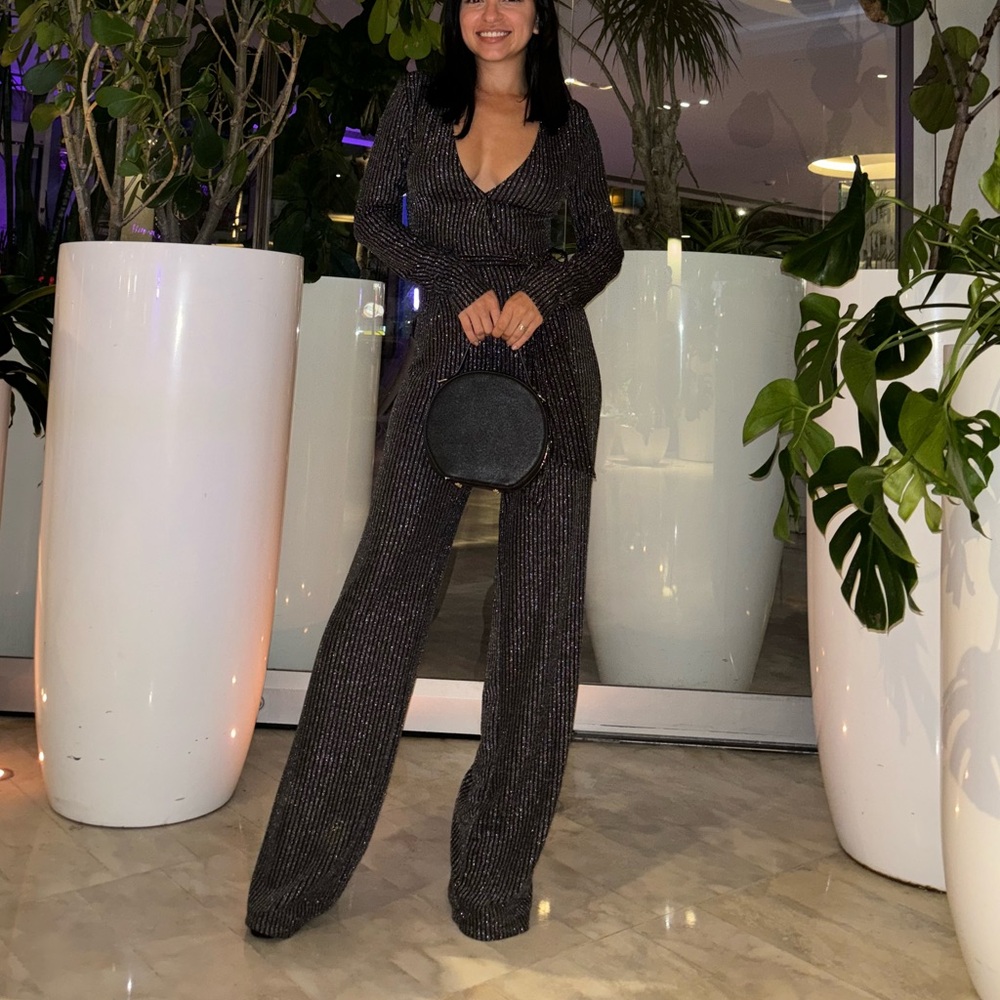 Black and Silver Striped Long Sleeve Jumpsuit